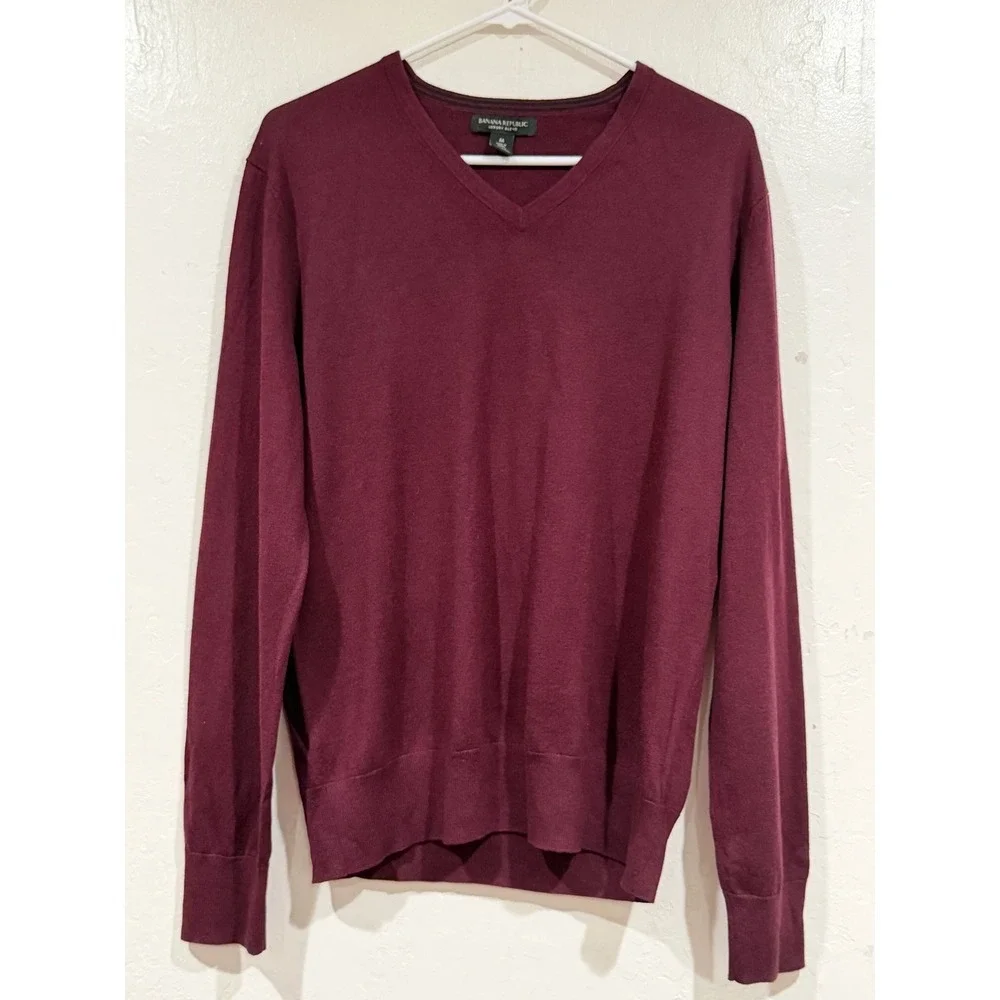 Banana Republic Luxury Blend Silk Cotton Cashmere V-Neck Sweater Burgundy Mens M